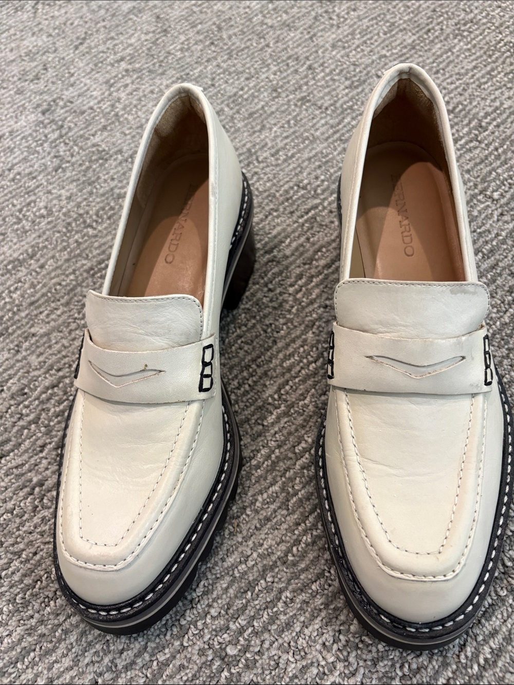 Bernardo Cream Leather Penny Loafers with Black Sole